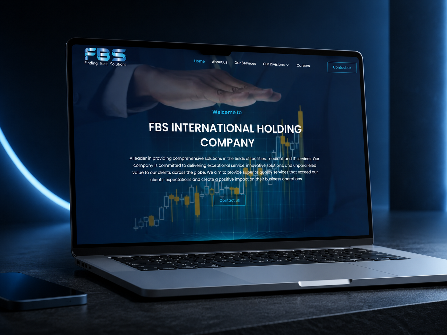FBS Group corporate website mockup shown on a laptop