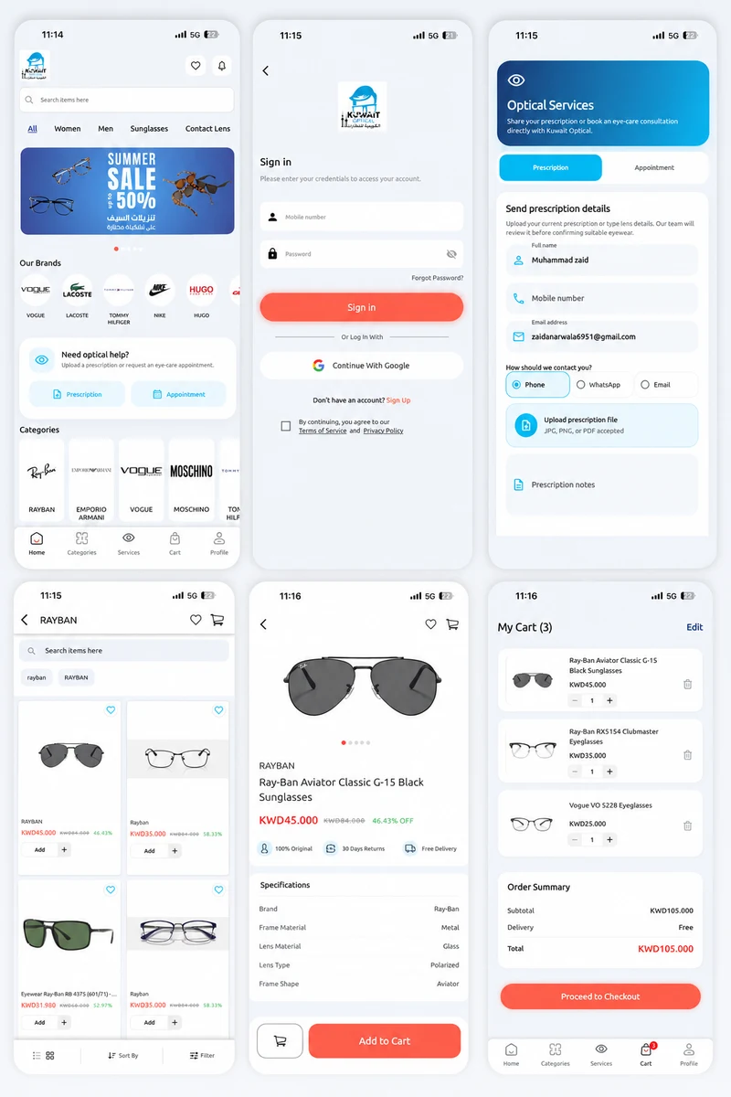 Kuwait Opticals mobile app screens showing ecommerce, appointment, prescription, product, and cart journeys