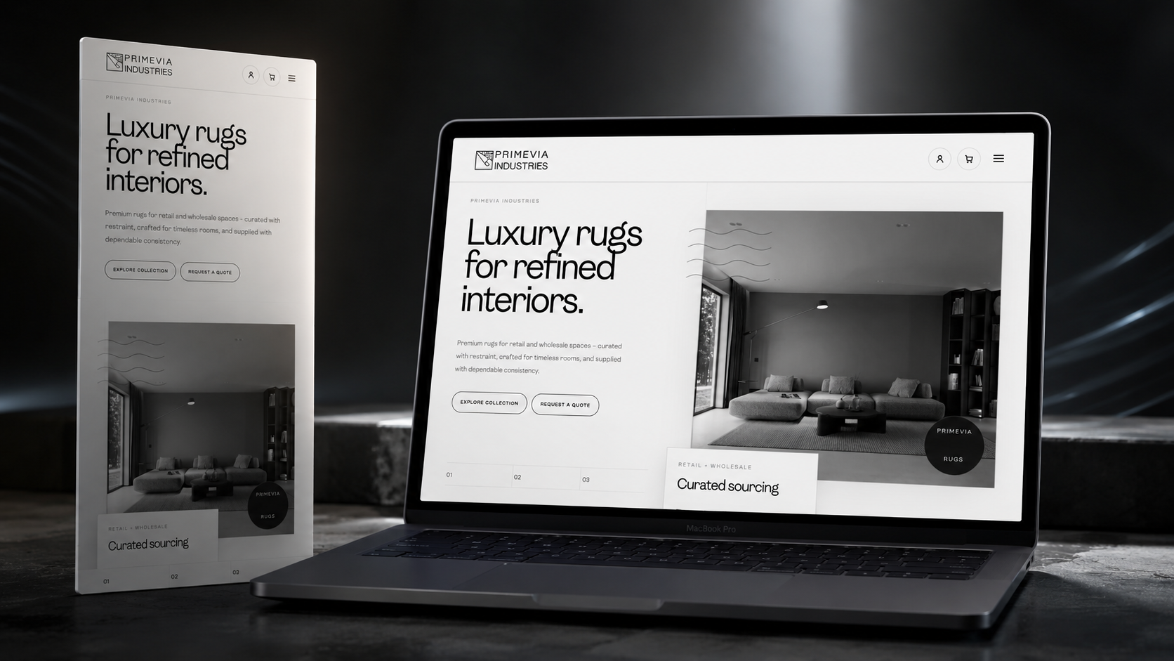 Primevia Rugs premium ecommerce website mockup designed by Virtuprose